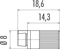 Technický výkres válcové součásti s rozměry: délka 18,6 mm, žebrovaná oblast 14,3 mm, průměr 8 mm.