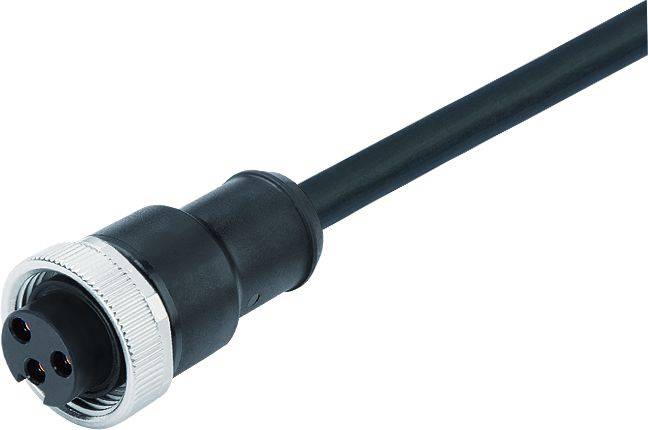 Černý kabel s kulatou kovovým konektorem na konci, vhodný pro průmyslové nebo technické aplikace.