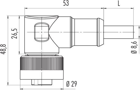 Technický výkres pravoúhlého spoje s rozměry: celková délka 53 mm, výška 48,8 mm, průměr variabilní.