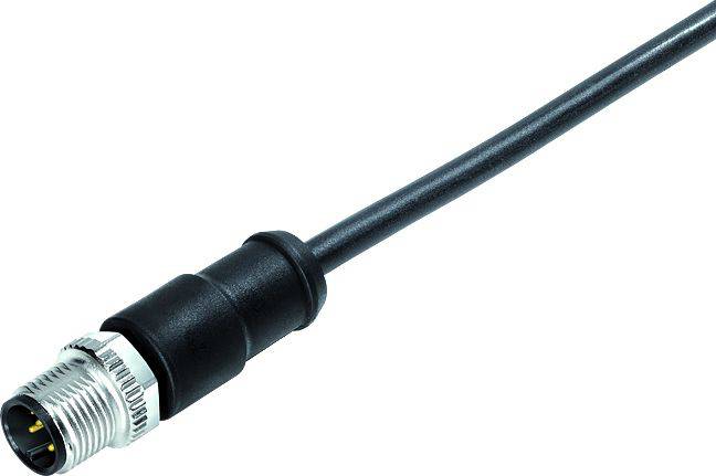 Černý kabel s kovovým konektorem ukazuje pohled zepředu na kulatý, hrubý konektor s několika kolíky pro elektrické připojení.