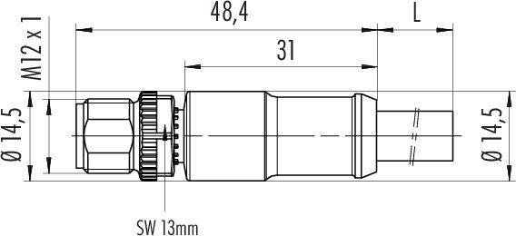 Technický výkres válcové součásti s rozměry: délka 48,4 mm, průměr 14,5 mm. Závit M12 x 1, velikost klíče 13 mm.