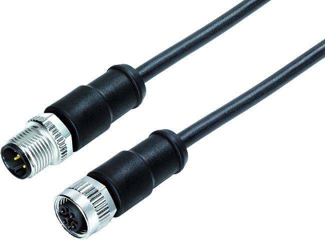 Kabel M12 s kruhovými konektory na obou koncích, vhodné pro průmyslové aplikace k bezpečnému přenosu dat nebo elektrické energie.