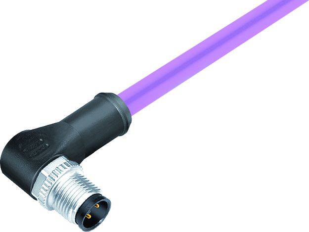 Černý úhlový konektor s fialovým kabelem, vhodný pro průmyslové aplikace.