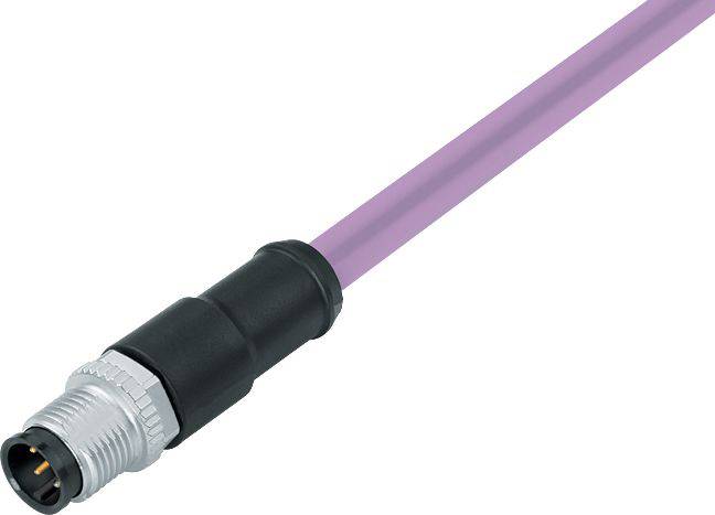 Fialový kabel s černou a stříbrnou koncovkou, často používaný pro elektronické připojení.