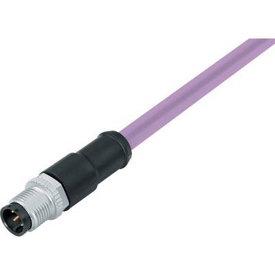 Růžový kabel s kovovým a plastovým konektorem. Konektor vykazuje kovové kontakty vhodné pro elektronické připojení.