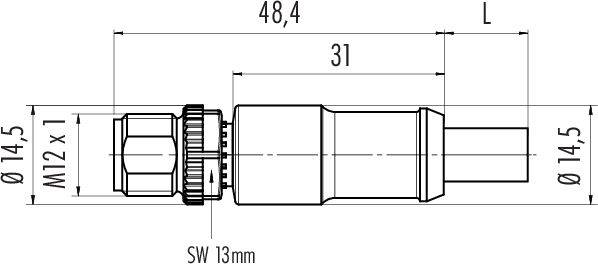 Technický výkres válcové zástrčky s rozměry: délka 48,4 mm, průměr 14,5 mm, závit M12 x 1, klíč 13 mm.