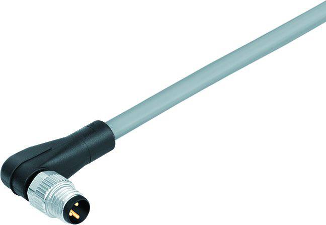 Šedý úhlový síťový kabel s černou zástrčkou a kovovým pouzdrem zobrazuje připojovací stranu. Vhodný pro průmyslové aplikace.
