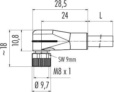 Technický výkres zástrčky s rozměry: celková délka 28,5 mm, závit M8 x 1, šířka klíče 9 mm, průměr 9,7 mm.