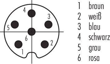 DIN konektor s šesti kontakty, číslovanými od 1 do 6. Barevné kódování: 1 hnědá, 2 bílá, 3 modrá, 4 černá, 5 šedá, 6 růžová.
