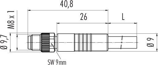 Technický výkres válcové součásti s rozměry: celková délka 40,8 mm, průměr 9 mm, závit M8 x 1, šířka klíče 9 mm.