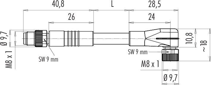 Diagram úhlového senzoru s rozměry: celková délka 'L', délka hlavy 40,8 mm, délka dříku 26 mm, průměr koncovky 9,7 mm.