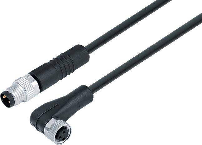 Černý kabel s dvěma konektory: jeden přímý a jeden lomený pro průmyslové připojení.