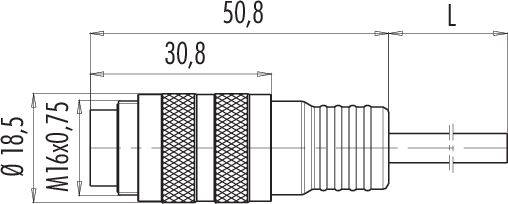 Technický výkres konektoru s rozměry: délka 50,8 mm, průměr 18,5 mm, závit M16x0,75, vyznačené řezy.