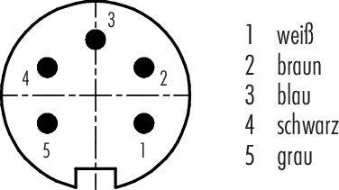 Diagram kulatého konektoru s pěti očíslovanými svorkami: 1 bílá, 2 hnědá, 3 modrá, 4 černá, 5 šedá.