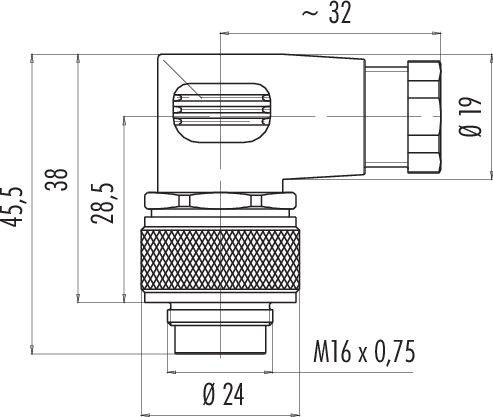 Technický výkres úhlové zástrčky s rozměry: délka 32 mm, výška 45,5 mm, šířka 19 mm, závit M16 x 0,75.
