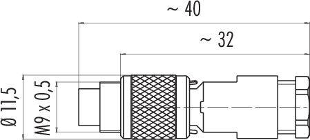 Technický výkres konektoru s rozměry: délka 40 mm, průměr 11,5 mm, závit M9 x 0,5.
