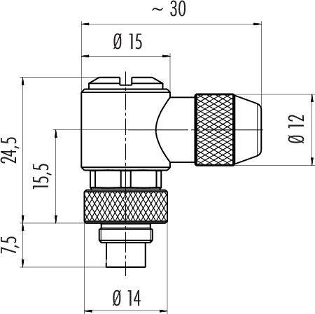 Technický výkres L-tvarového potrubního připojení s rozměry: výška 24,5 mm, šířka 15 mm, vnější průměr 14-15 mm.