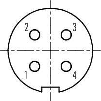 Diagram kruhového konektorového zapojení se čtyřmi očíslovanými kolíky (1-4), symetricky uspořádanými. Čáry zobrazují rozmístění kolíků.