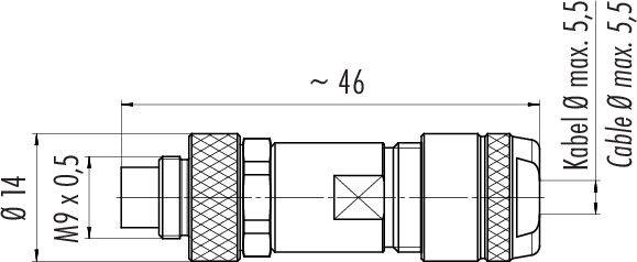 Technický výkres konektoru: celková délka ~46 mm, závit M9 x 0,5, maximální průměr kabelu 5,5 mm, vnější průměr 14 mm.