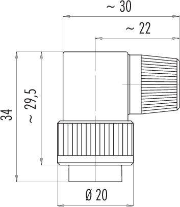 Technický výkres úhlu s kótami: Výška 34 mm, šířka 30 mm, otvor Ø 20 mm, další relevantní rozměry 22 mm a 29,5 mm.