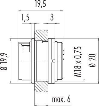 Technický výkres válcového objektu s rozměry: M18 x 0,75, ø19,9, ø20, délka 19,5, maximální výška 6.