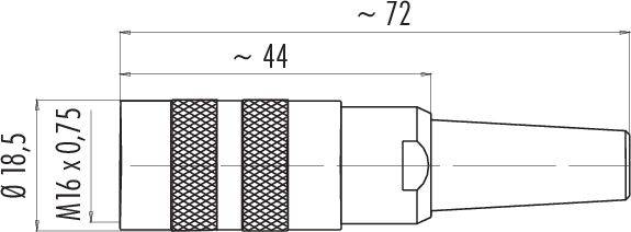 Technický výkres zobrazuje válcový kovový adaptér s rozměry: délka 72 mm, průměr 18,5 mm, závit M16 x 0,75.