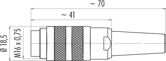 Technický výkres válcového konektoru s rozměry: průměr 18,5 mm, délka 70 mm, závit M16 x 0,75.