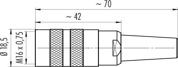 Technický výkres válcové zástrčky, délka přibližně 70 mm, průměr 18,5 mm, závit M16 x 0,75.