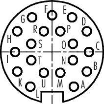 Diagram elektrického konektoru s 19 piny, označených písmeny A až U. Zobrazuje specifické uspořádání pinů.