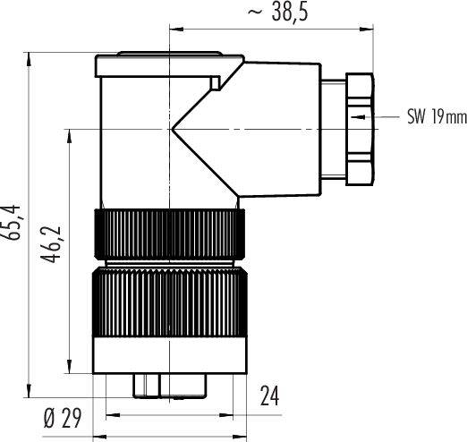 Technický výkres pravoúhlého konektoru s rozměry: délka 65,4 mm, šířka 46,2 mm, Ø29 mm. Klíč SW má 19 mm.