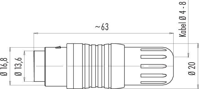 'Technický výkres válcového konektoru s rozměry: délka cca 63 mm, průměr 13,6 až 16,8 mm. Průměr kabelu 4-8 mm.'