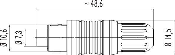 Technický výkres zástrčky s rozměry: celková délka cca 48,6 mm, průměr 10,6 mm na jedné straně, 14,5 mm na straně druhé.