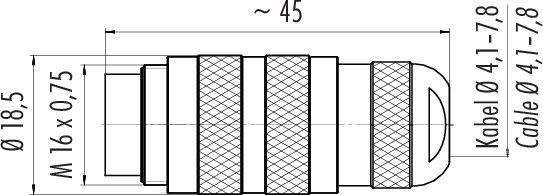 Technický výkres kabelové průchodky: celková délka cca 45 mm, průměr 18,5 mm, závit M16x0,75 mm, průměr kabelu 4,1-7,8 mm.
