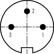 Diagram propojovacího konektoru s očíslovanými kontakty: 1, 2 a 3, rovnoměrně rozmístěnými po obvodu kruhu.