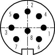 Diagram 8-pólového elektrického konektoru zobrazující uspořádání kontaktních pinů, očíslovaných od 1 do 8 po směru hodinových ručiček.