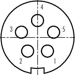 Diagram elektrického konektoru s pěti očíslovanými otvory v kruhovém uspořádání, očíslovanými od 1 do 5.