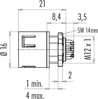 Technický výkres válcového dílu s rozměry: průměr 16 mm, délka 21 mm, závit M12 x 1, šířka klíče 14 mm.