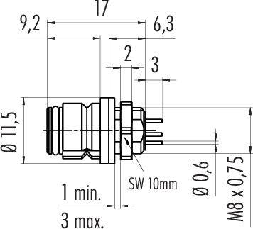 Technický výkres konektoru s rozměry a označením závitu jako 'M8 x 0,75'.
