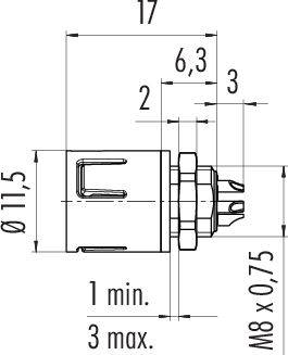 'Technický výkres konektoru s rozměry: délka 17 mm, průměr 11,5 mm, závit M8 x 0,75.'