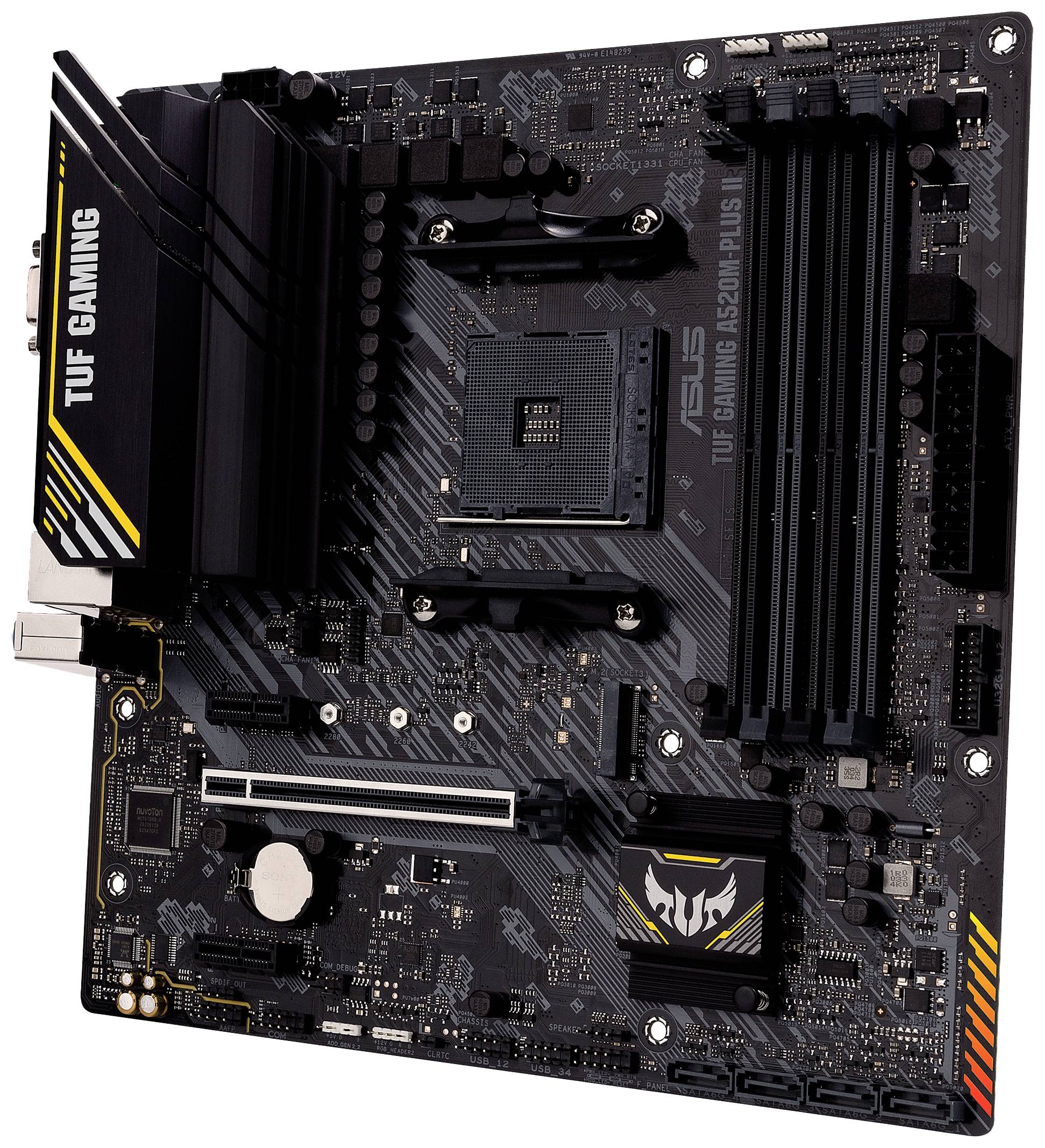 Základní deska Asus TUF Gaming, model B450M-Plus II. Černá deska plošných spojů s PCIe sloty a paměťovými sloty pro herní počítače.