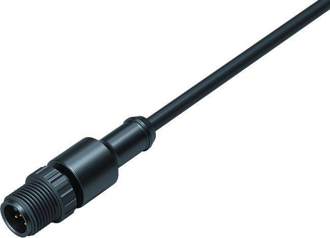 Černý, vodotěsný kabel s M8 konektorem s samčím připojením, vhodný pro průmyslové a elektronické aplikace.