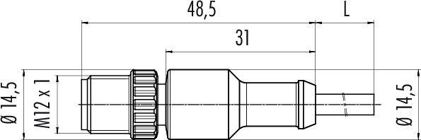 Technický výkres válcového konektoru. Délka 48,5 mm, závit M12 x 1, průměr 14,5 mm.