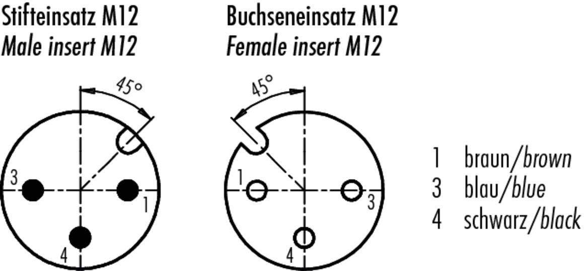 'Kolíkový konektor M12' zobrazuje samčí konektor se třemi očíslovanými kontakty. 'Zásuvkový konektor M12' zobrazuje samičí konektor. Čísla kontaktů: 1 hnědá, 3 modrá, 4 černá.