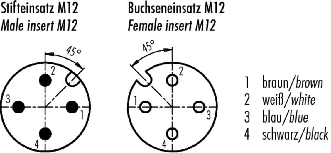 'Nástavec kolíku M12' a 'Dutinový nástavec M12' s 45° značením. Číslování ukazuje: 1 hnědá, 2 bílá, 3 modrá, 4 černá.