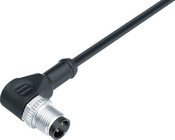 Černý zahnutý kabel s kovovým konektorem na jednom konci. Vhodný pro průmyslové aplikace.