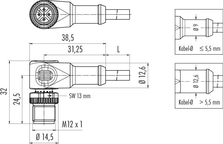 Technický výkres konektoru s rozměry. Zobrazuje boční a čelní pohled. Rozměry: 38,5 x 31,25 mm, průměr kabelu ≤ 5,5 mm.
