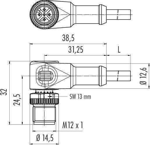Technický výkres konektoru s rozměry. Hlavní pohled zobrazuje délku 38,5 mm a průměr 12,6 mm. Rozměry a závit M12 x 1 jsou vyznačeny.