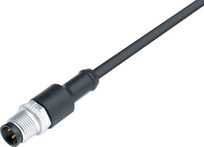 Černý kulatý kabel s kulatou stříbrno-černou zástrčkou, vhodný pro průmyslové aplikace.