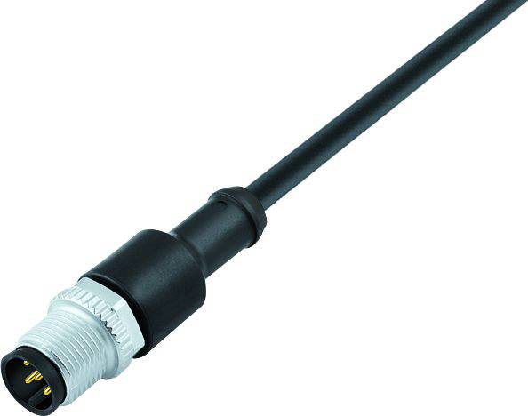 Černý elektrický kabel s kulatou zástrčkou a kovovým závitem, vhodný pro připojování zařízení v průmyslových aplikacích.