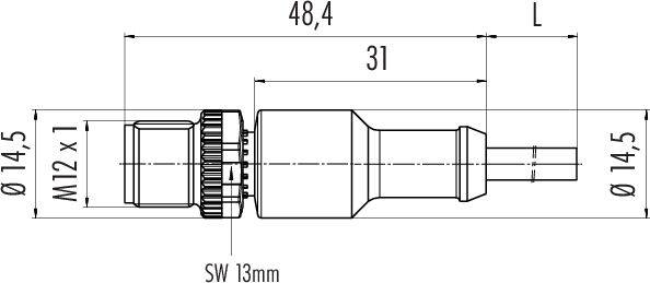 Technický výkres válcového konektoru s rozměry: celková délka 48,4 mm, průměr závitu 14,5 mm, šířka klíče 13 mm.